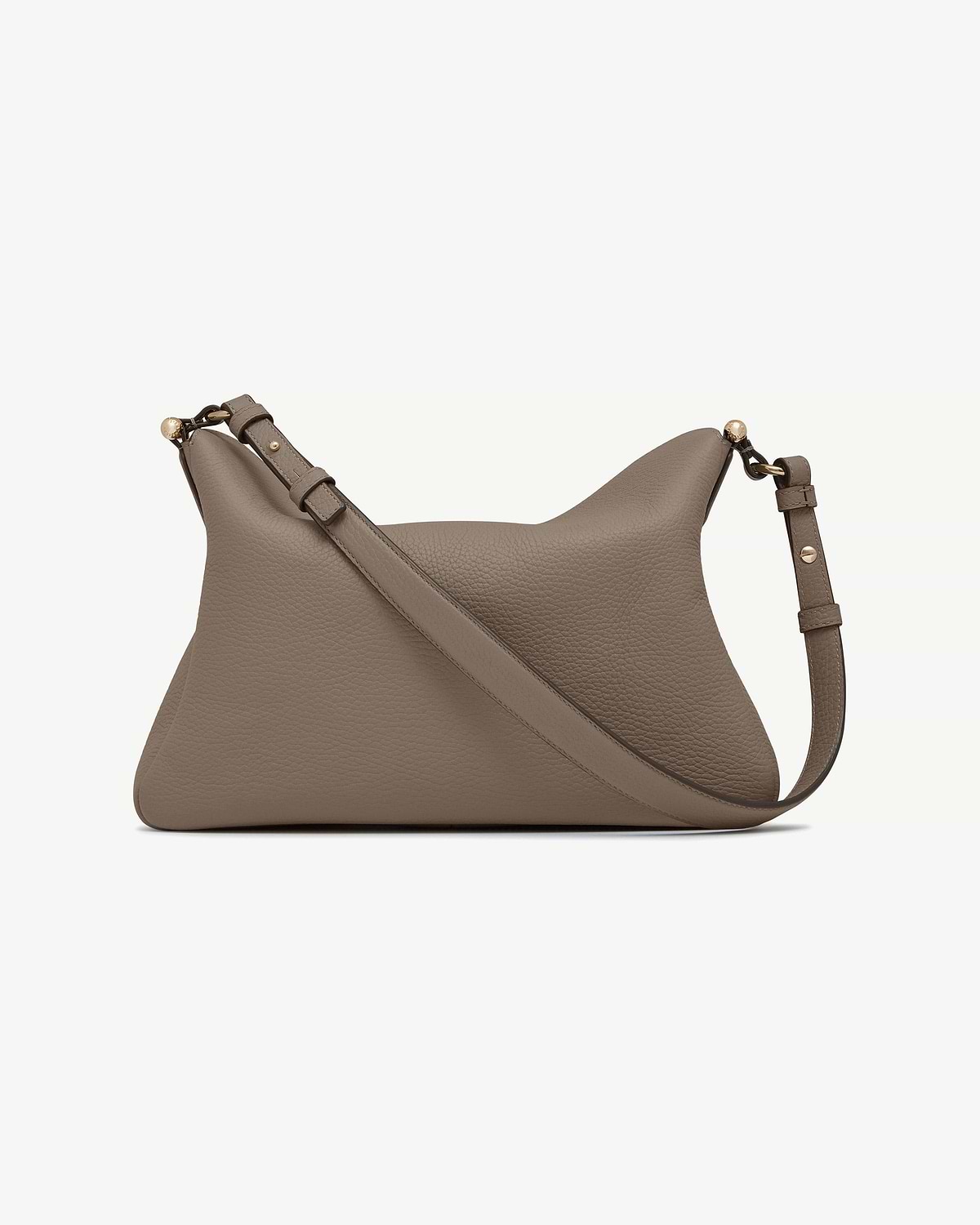 Taupe leather shoulder bag with adjustable strap and gold hardware.