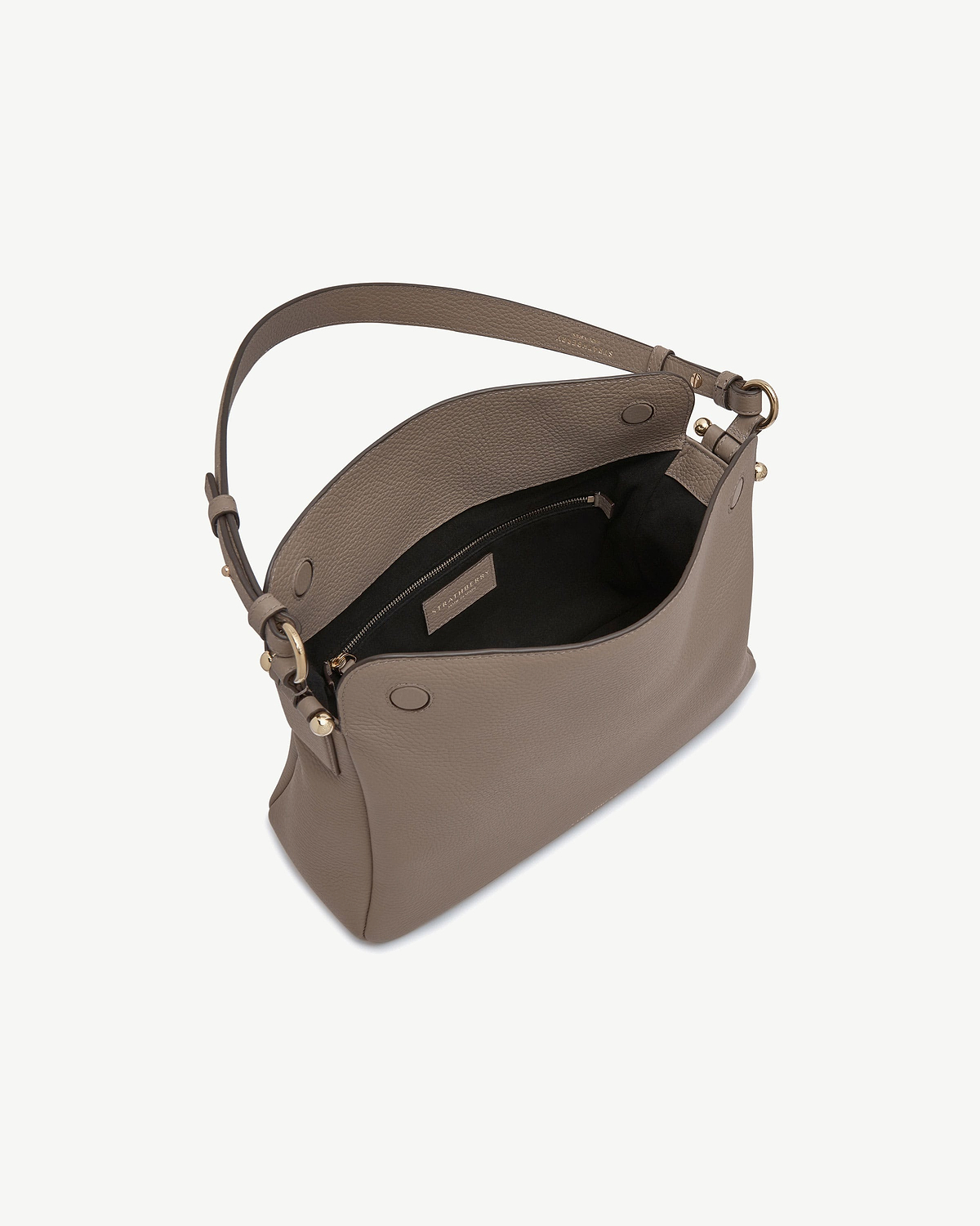 Strathberry Sway Maxi bag in taupe with open top and internal zip pocket.