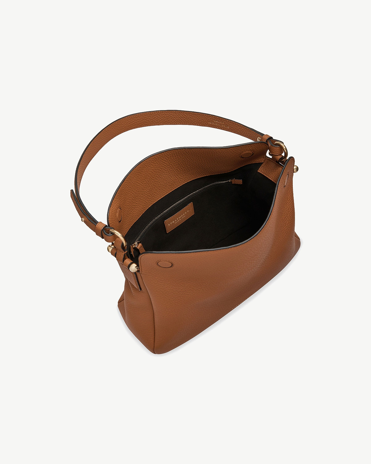 Strathberry Sway Maxi tan leather shoulder bag, top view showing interior zip pocket.
