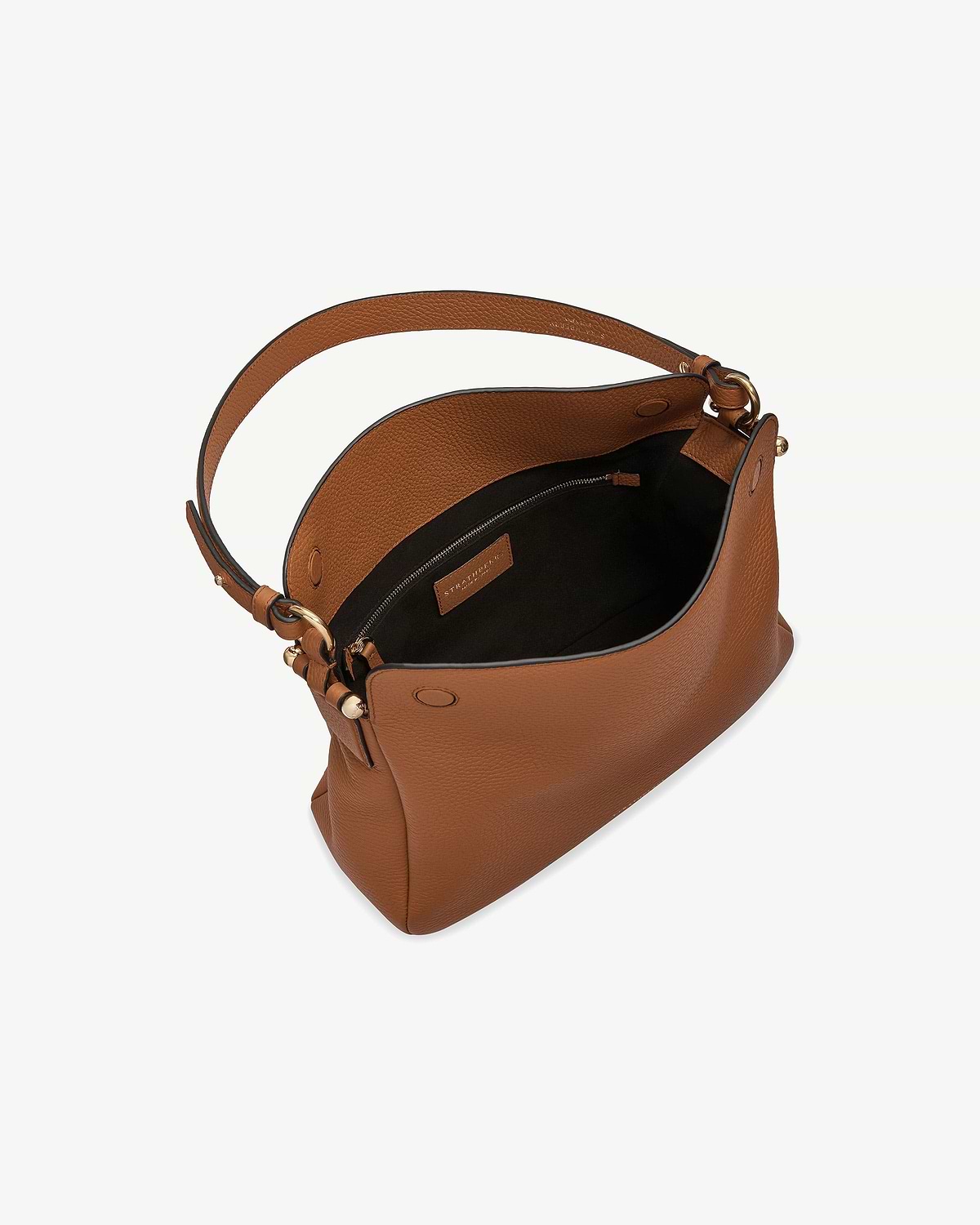 Strathberry Sway Maxi tan leather shoulder bag, top view showing interior zip pocket.