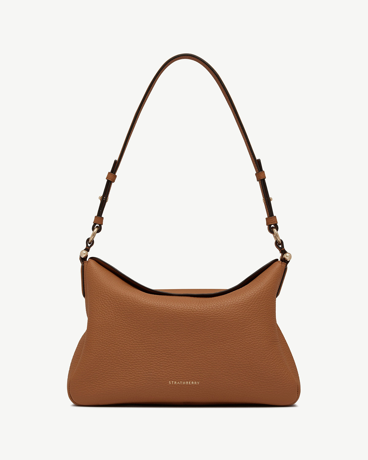 Tan pebbled leather hobo bag with shoulder strap and gold Strathberry logo.