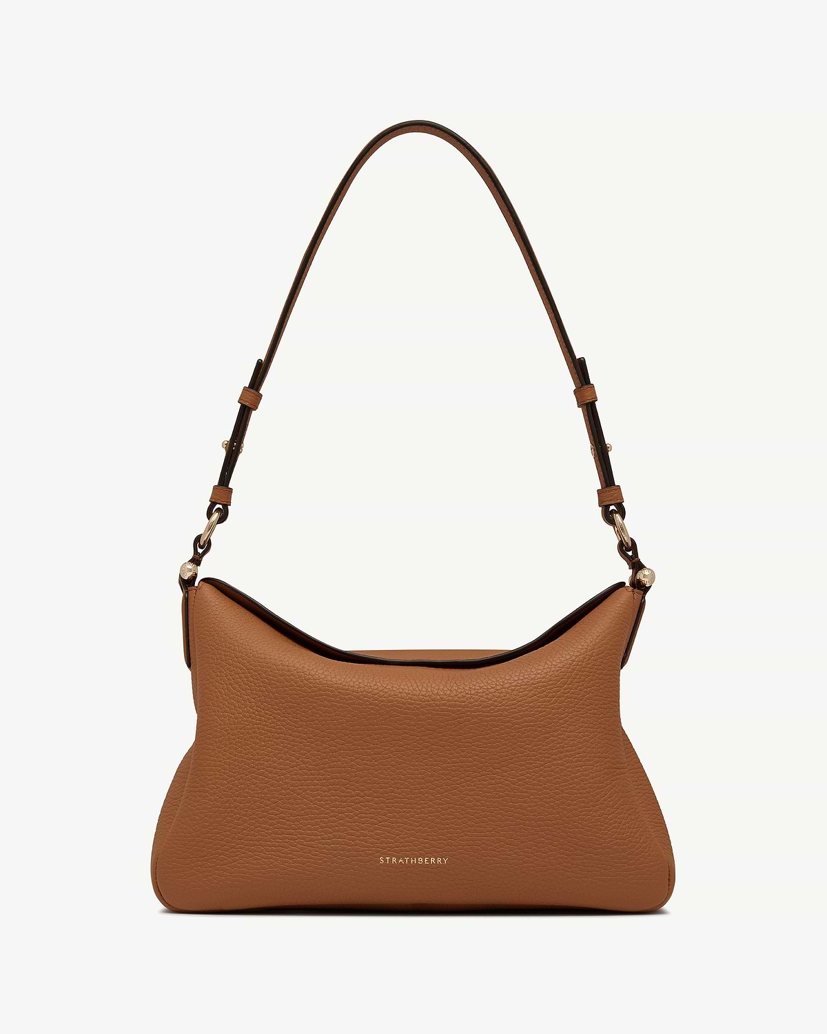 Tan pebbled leather hobo bag with shoulder strap and gold Strathberry logo.