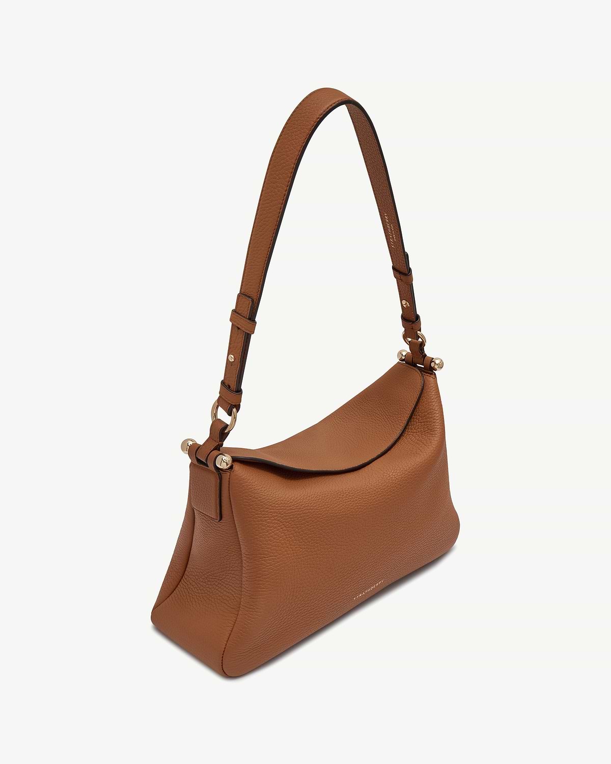 Tan Strathberry Sway Maxi leather shoulder bag with curved flap and gold hardware