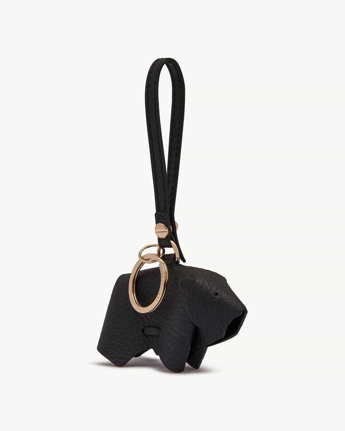 Black leather bear bag charm with wrist strap and gold key ring.