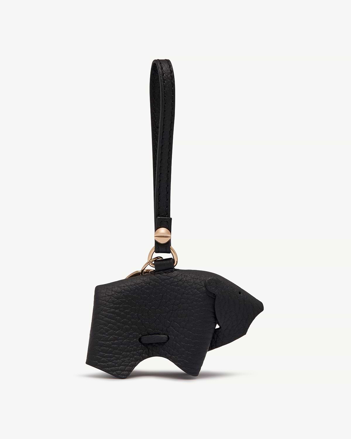 Black leather bear bag charm with wrist strap and gold metal fittings.