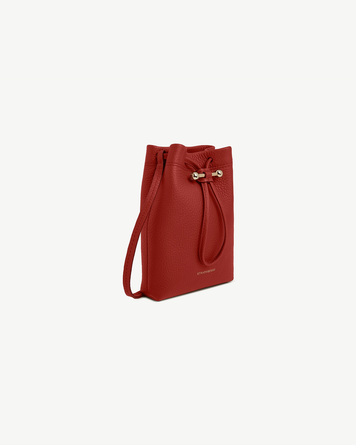 Levanto red Osette Midi pouch with drawstring and gold Strathberry logo.