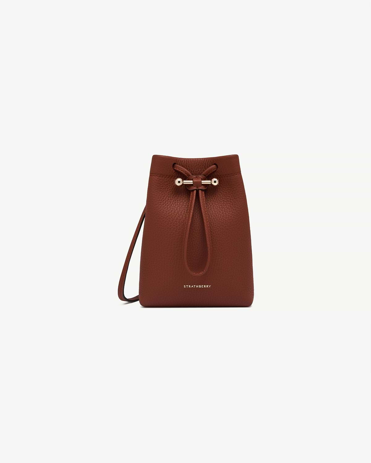 Strathberry Osette midi pouch in walnut leather with drawstring and gold bar.