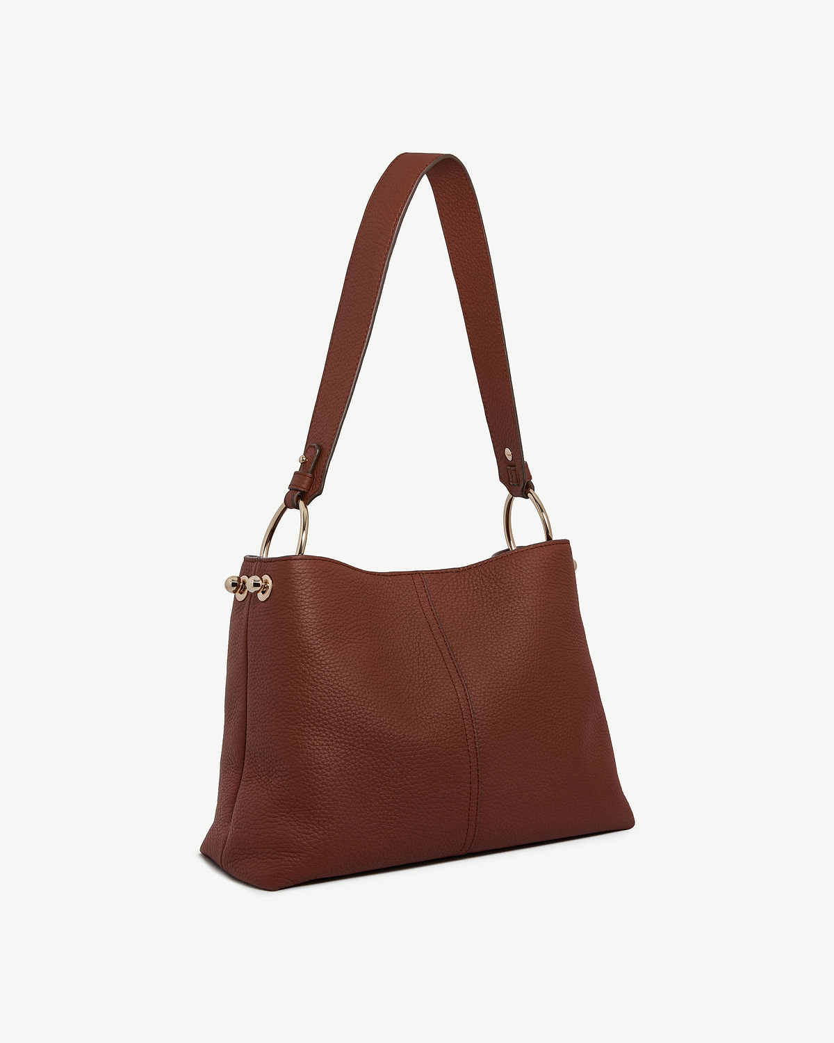 Walnut leather hobo bag with pebbled texture, gold rings and shoulder strap
