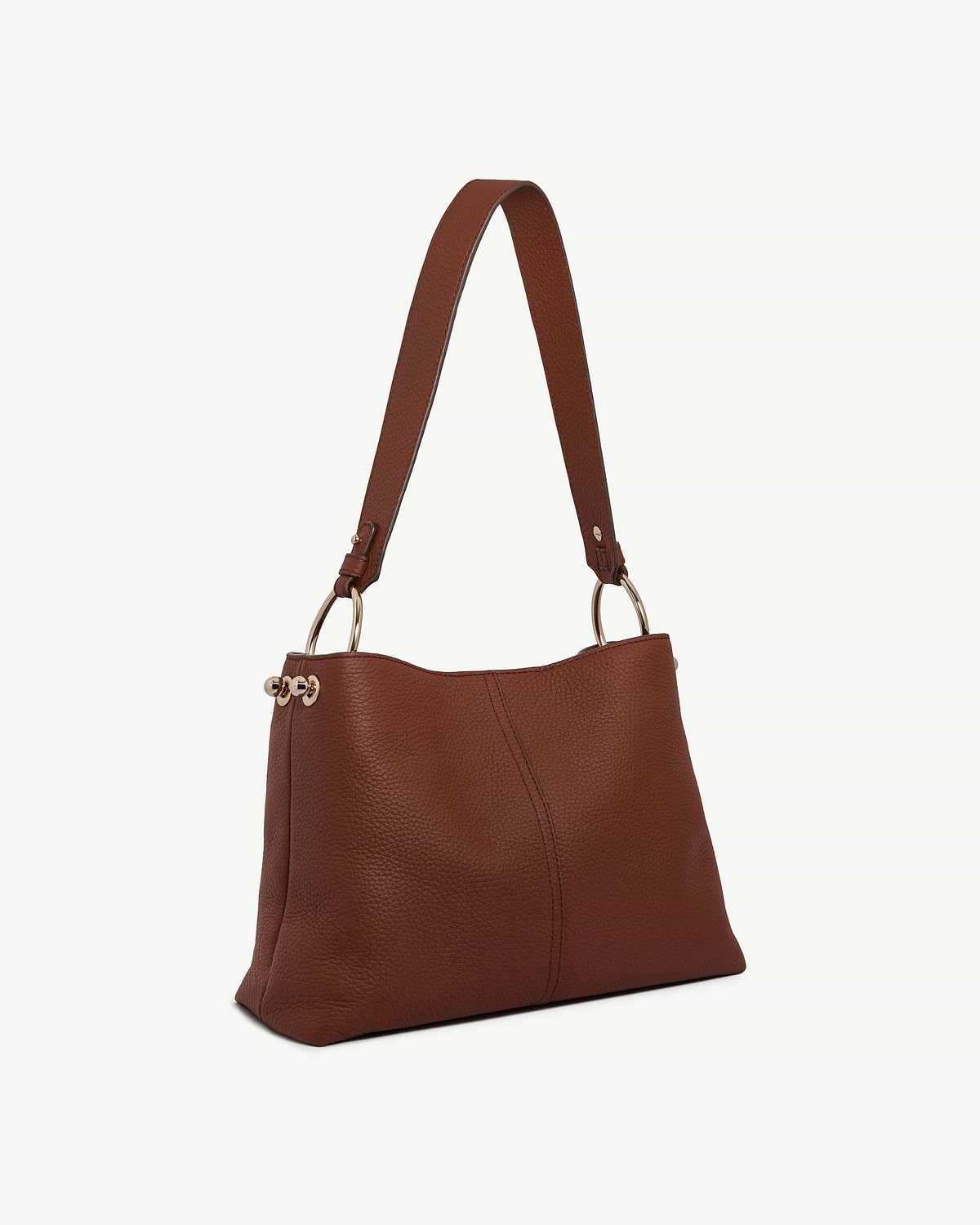 Walnut leather hobo bag with pebbled texture, gold rings and shoulder strap