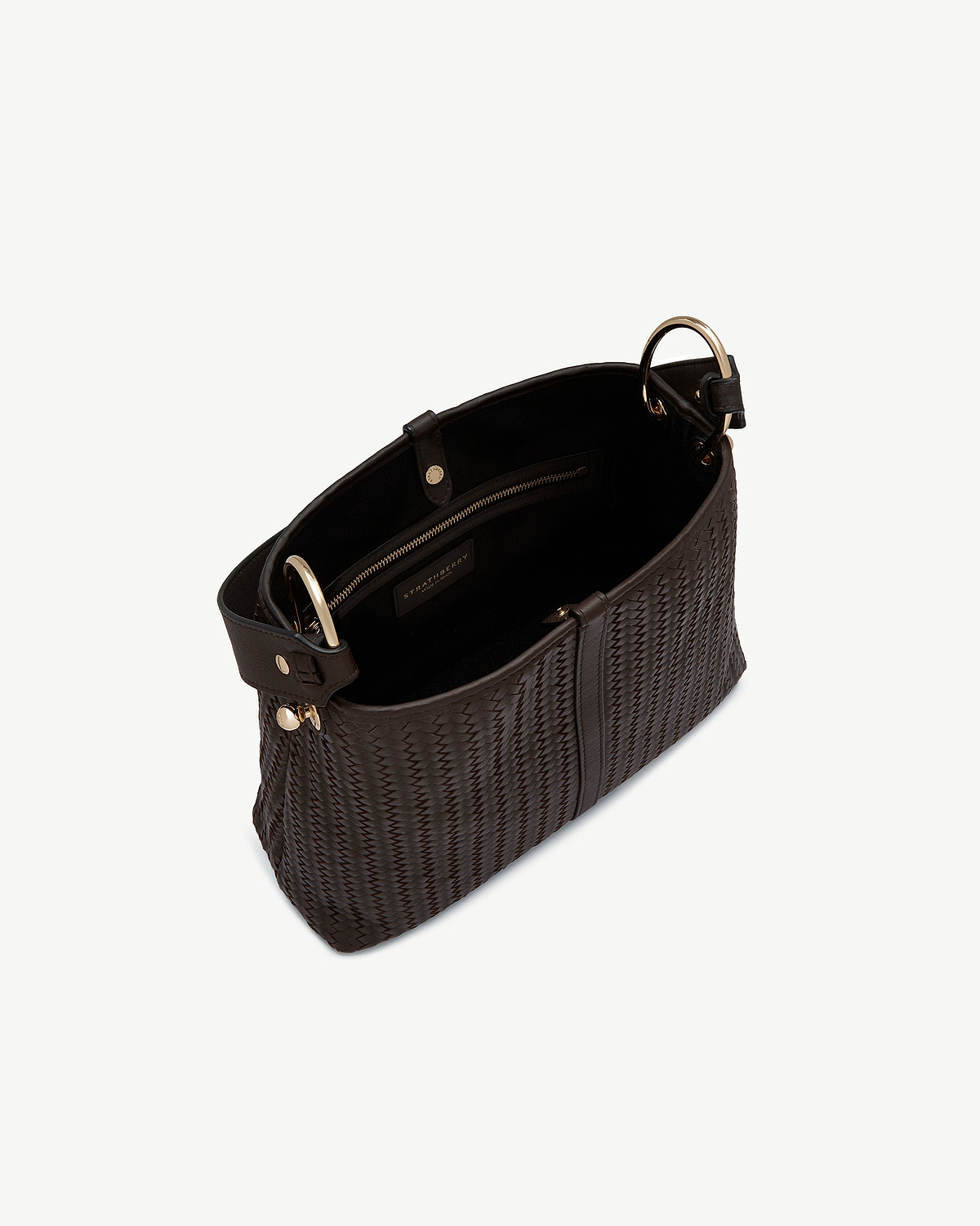 Strathberry Lana hobo bag in chocolate woven leather, gold ring handles, interior zip pocket visible.