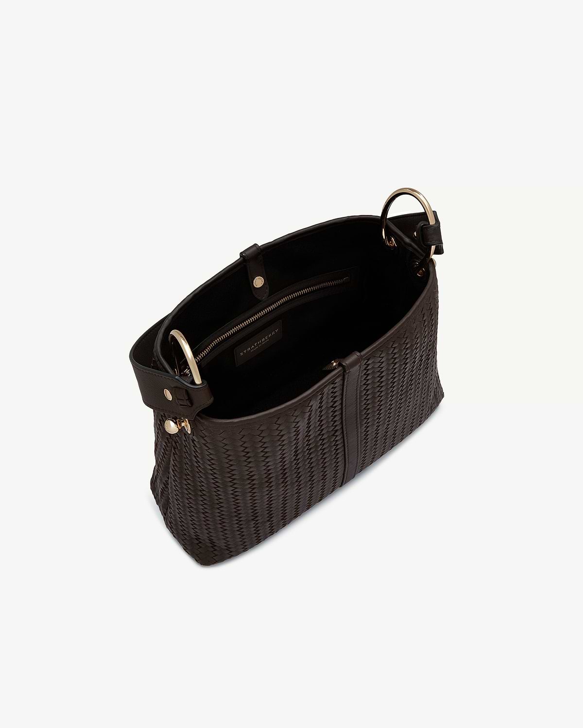 Strathberry Lana hobo bag in chocolate woven leather, gold ring handles, interior zip pocket visible.
