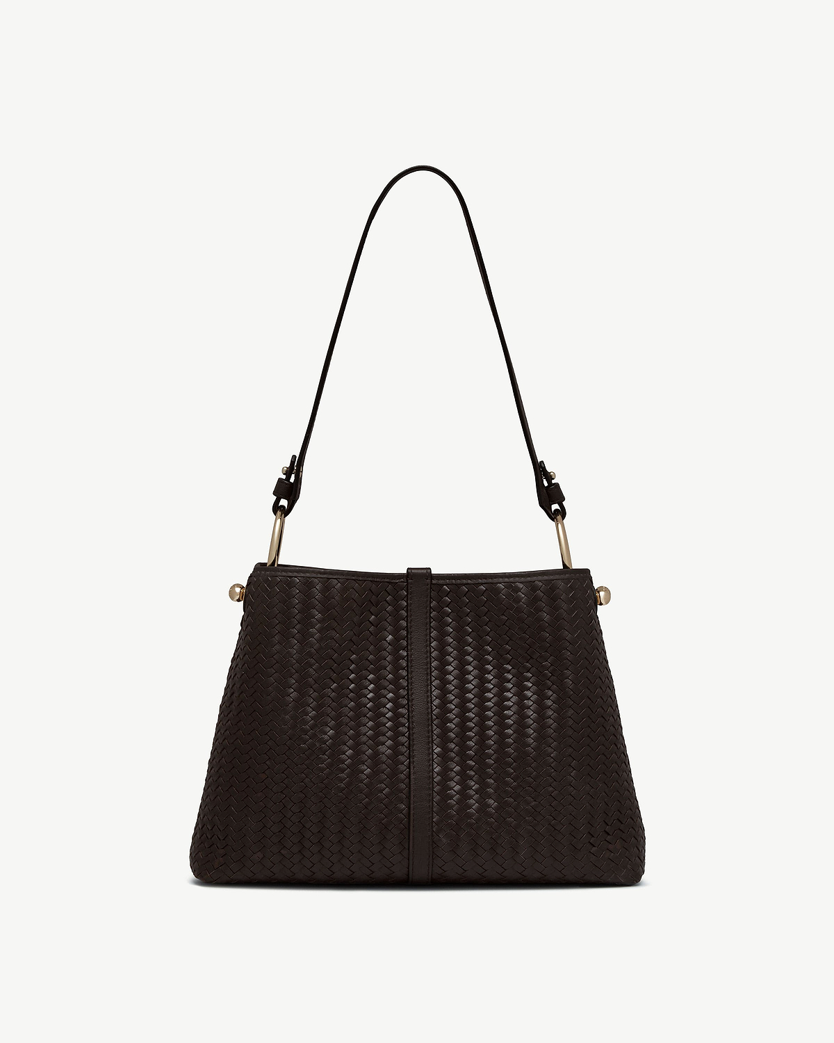 Chocolate woven leather hobo bag with single shoulder strap and gold-tone fittings.
