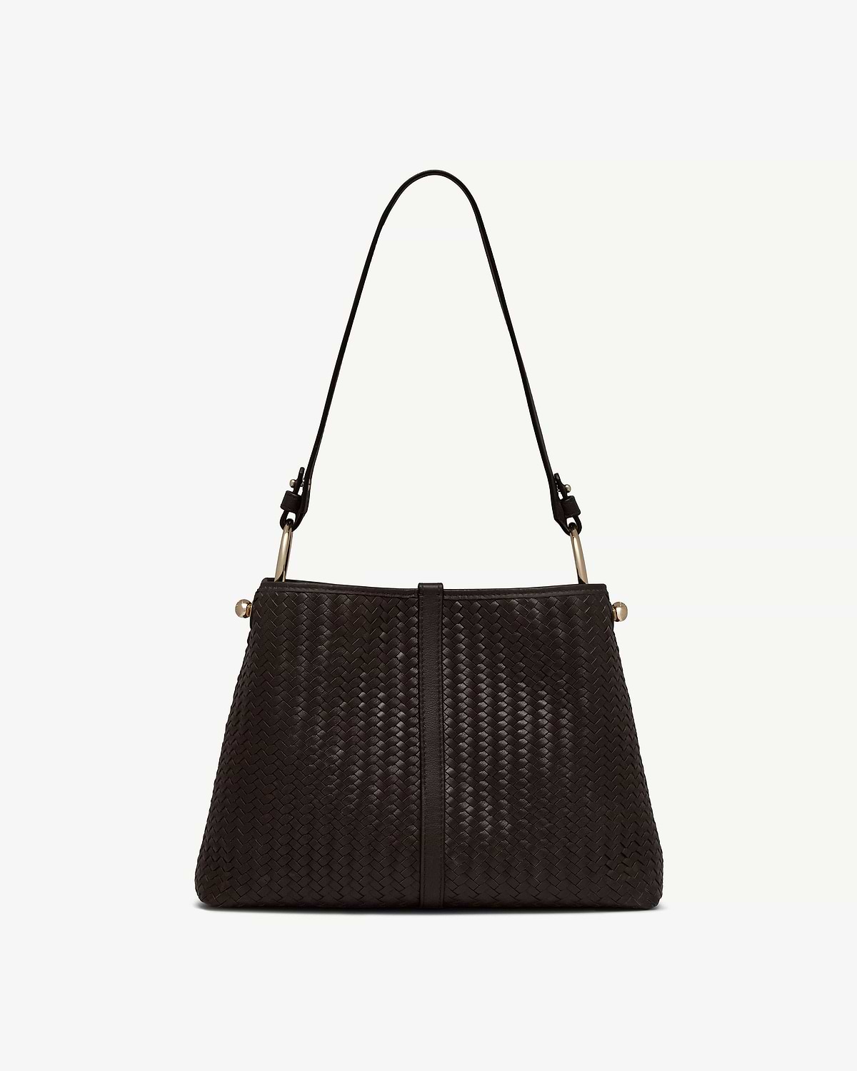 Chocolate woven leather hobo bag with single shoulder strap and gold-tone fittings.