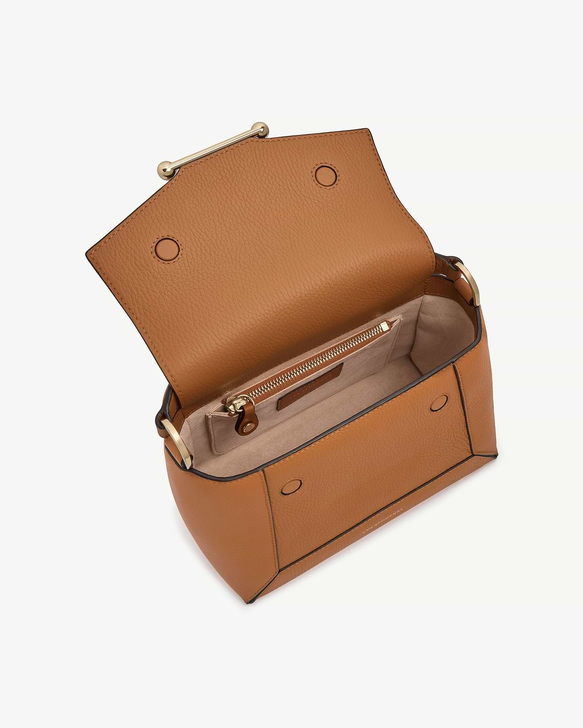Honey mosaic bag with open flap, beige interior and gold hardware.