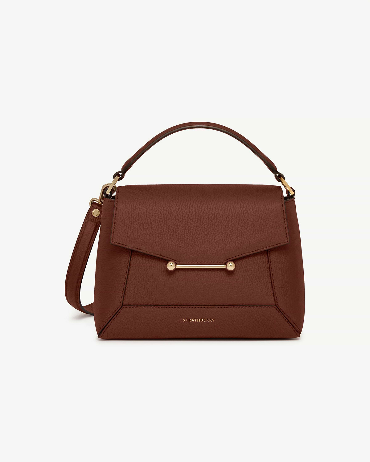 Walnut mosaic bag with top handle, detachable strap, gold bar and Strathberry logo.