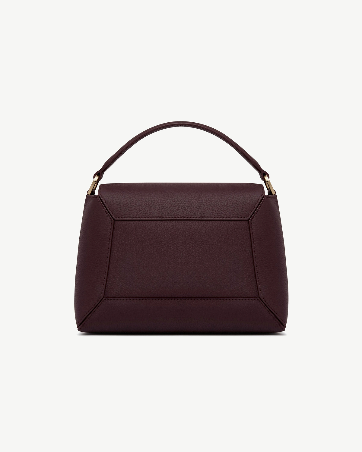 Burgundy mosaic bag with top handle, gold hardware, and visible front panel