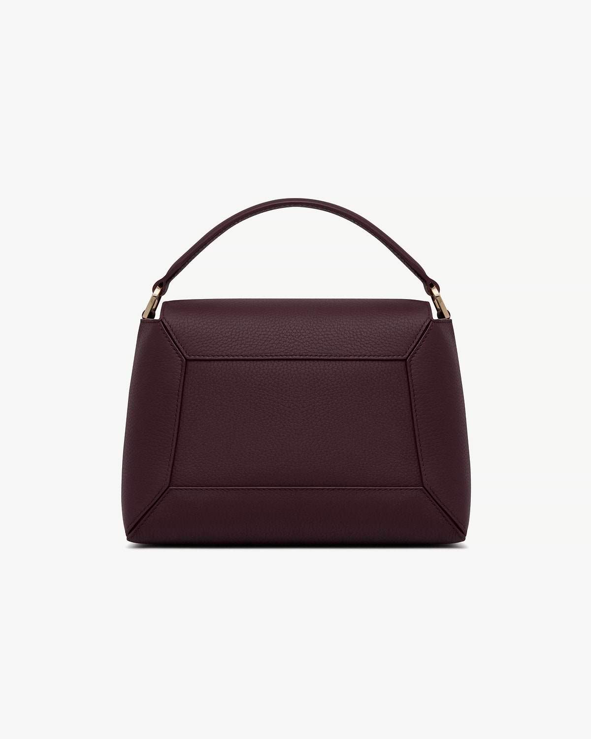 Burgundy mosaic bag with top handle, gold hardware, and visible front panel