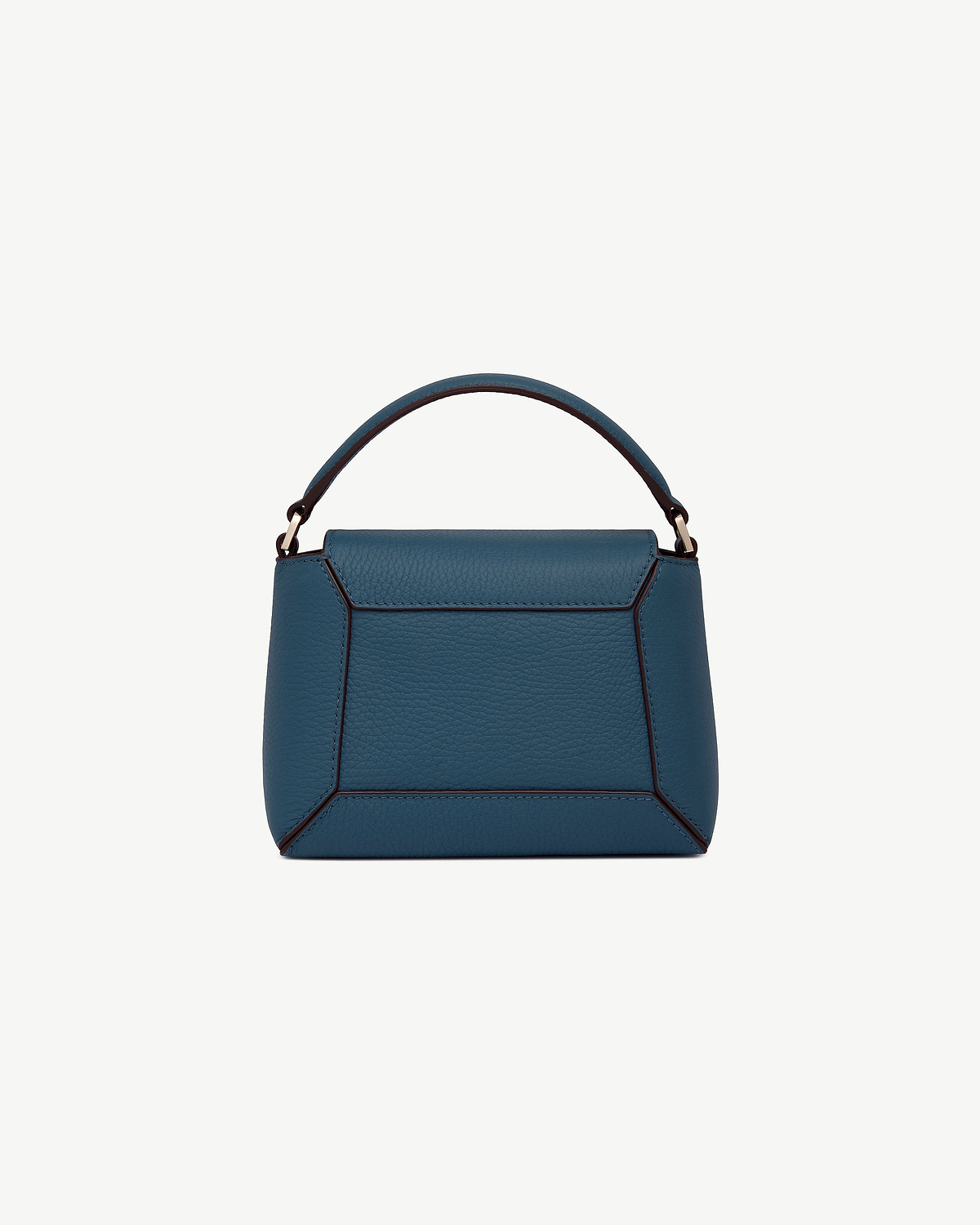 Top half of a loch blue leather top-handle bag with a single handle