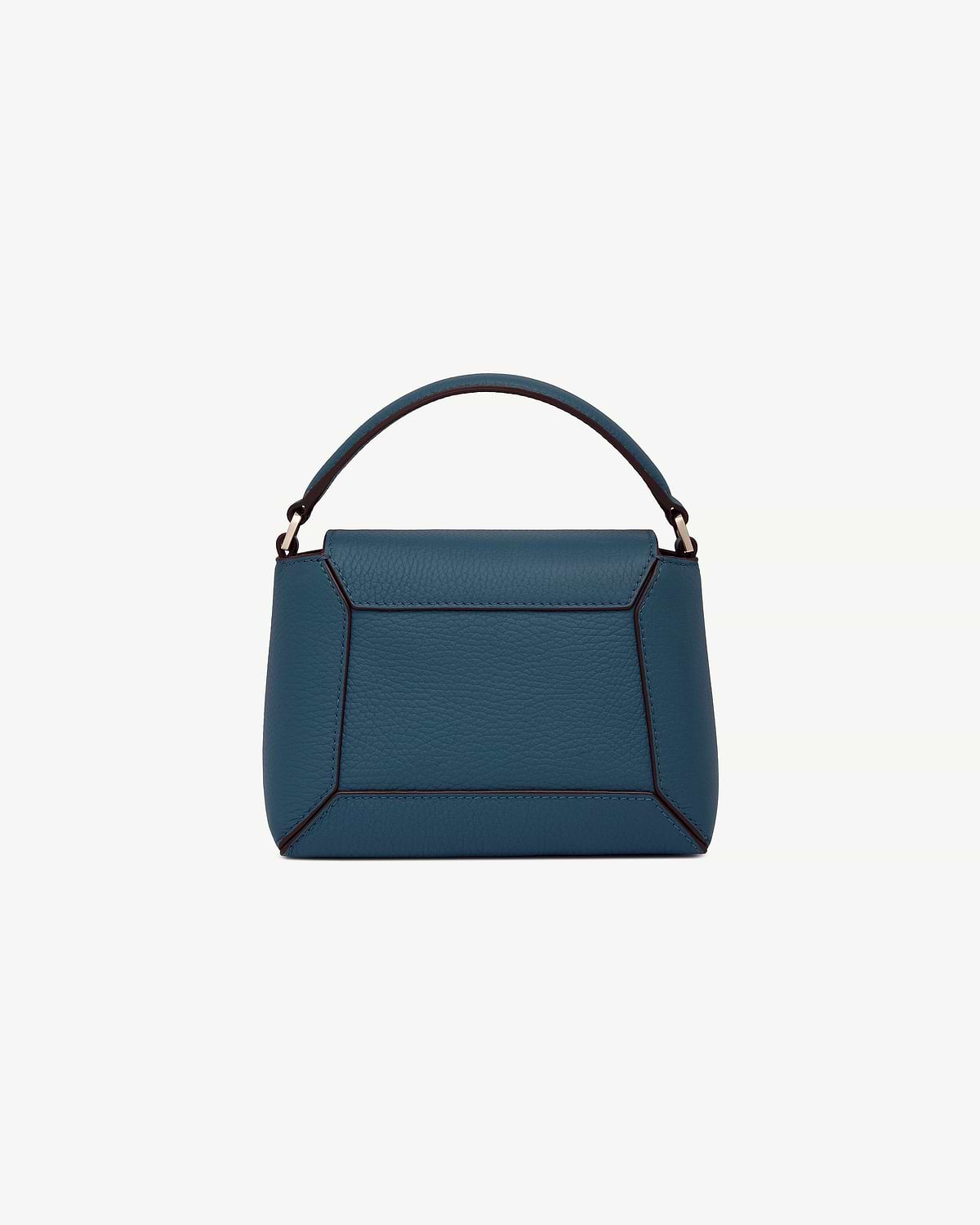 Top half of a loch blue leather top-handle bag with a single handle