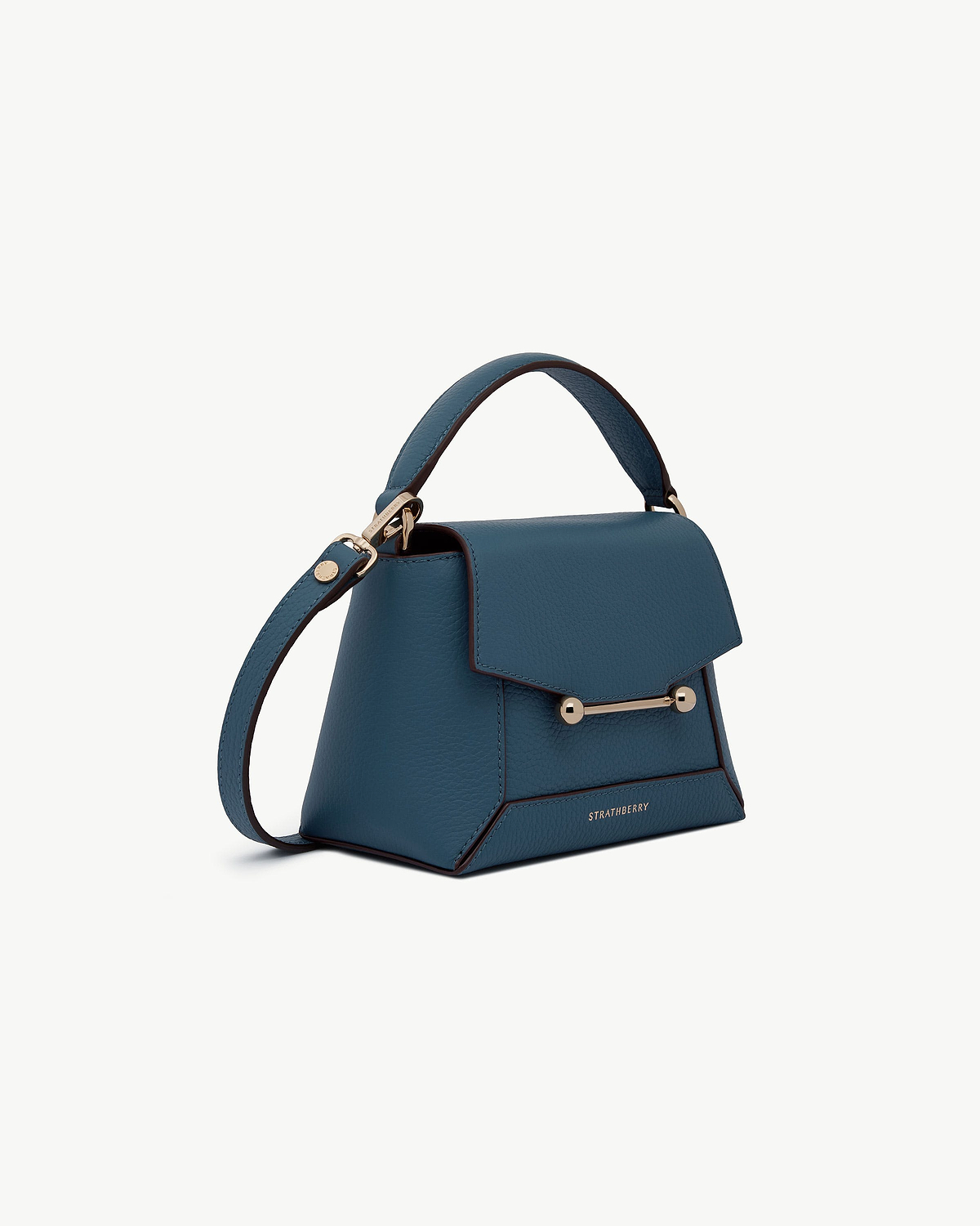 Strathberry Mosaic Nano bag in loch blue with top handle and gold hardware