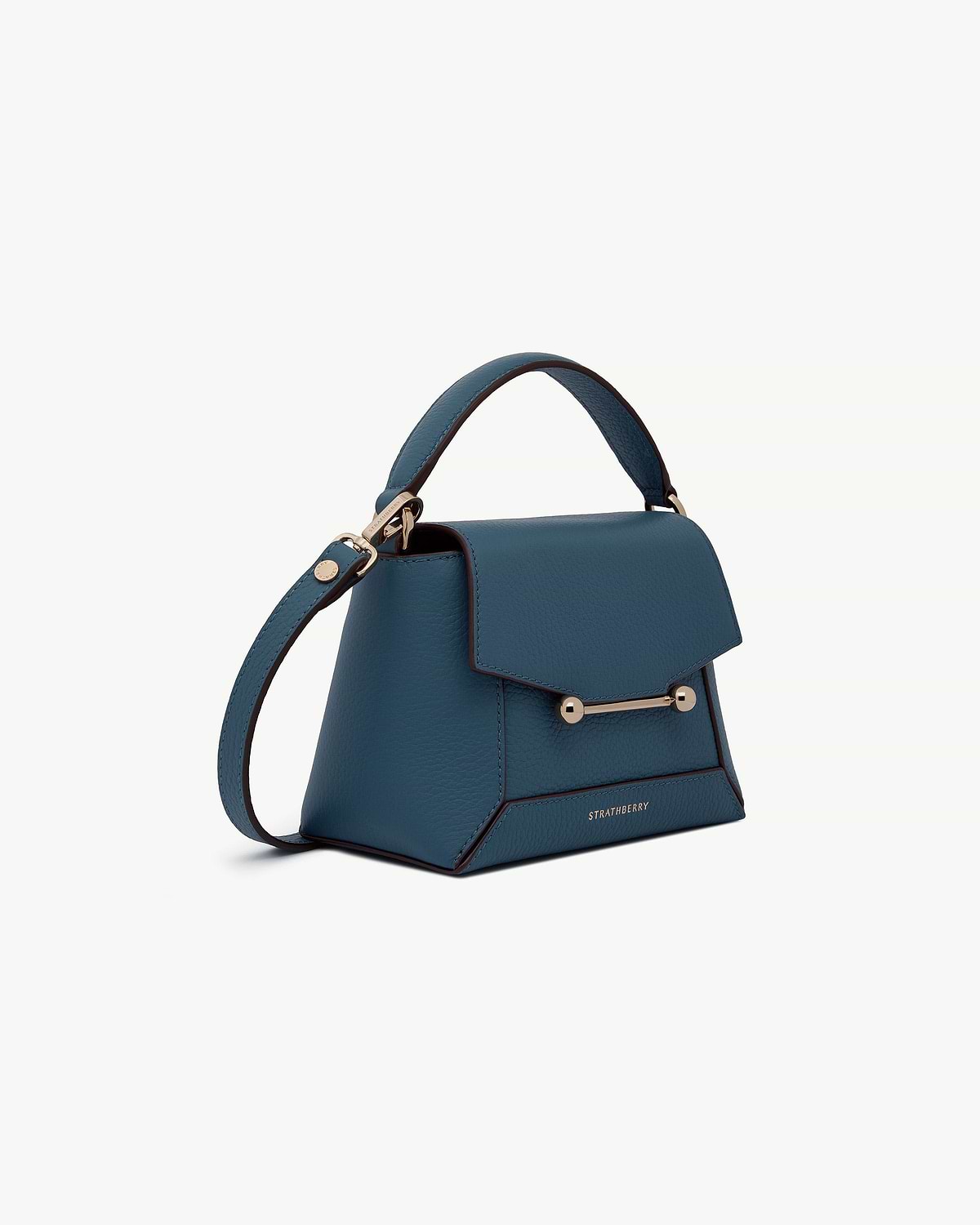Strathberry Mosaic Nano bag in loch blue with top handle and gold hardware