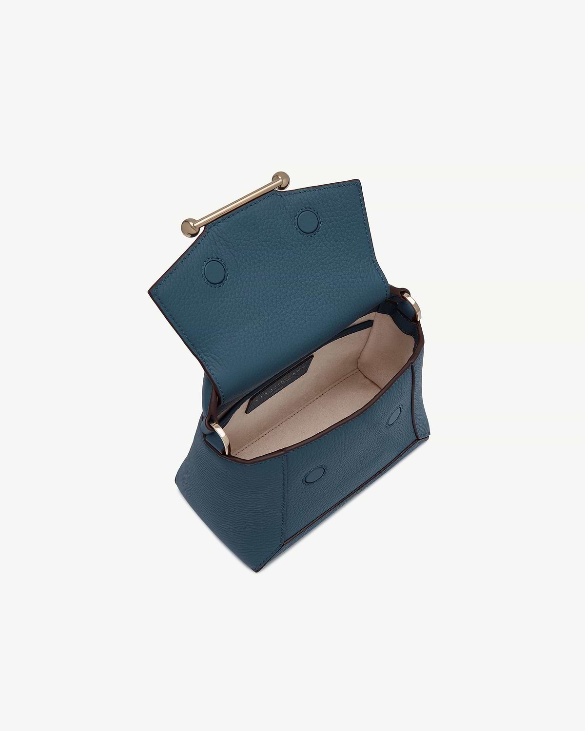 Loch blue leather Mosaic Nano bag open, showing beige interior and gold bar closure