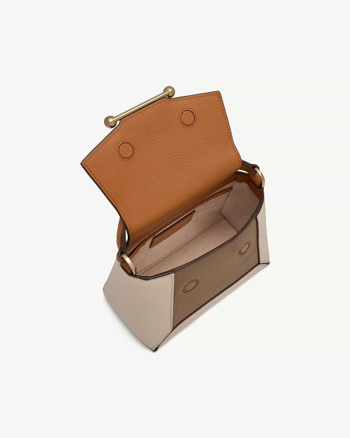 Open-top colour-block leather bag in oat, honey and clay tones with gold bar
