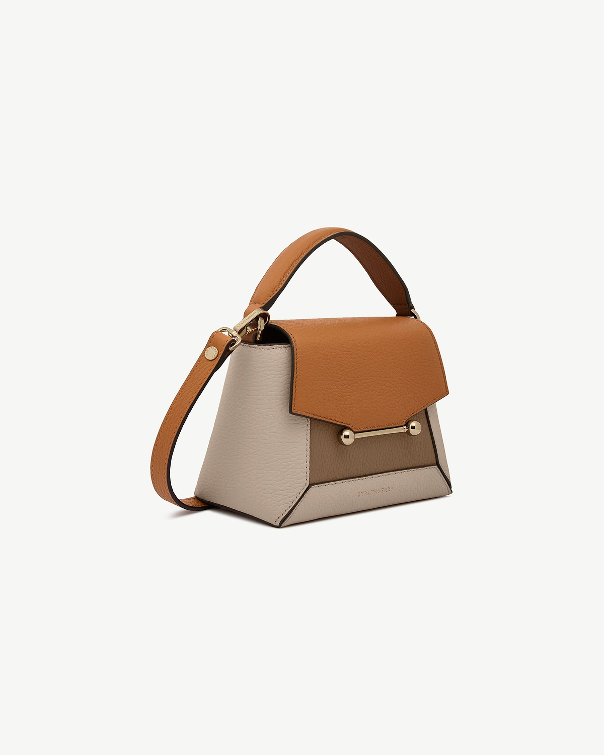 Small tricolour top-handle bag with oat, honey and clay leather panels.