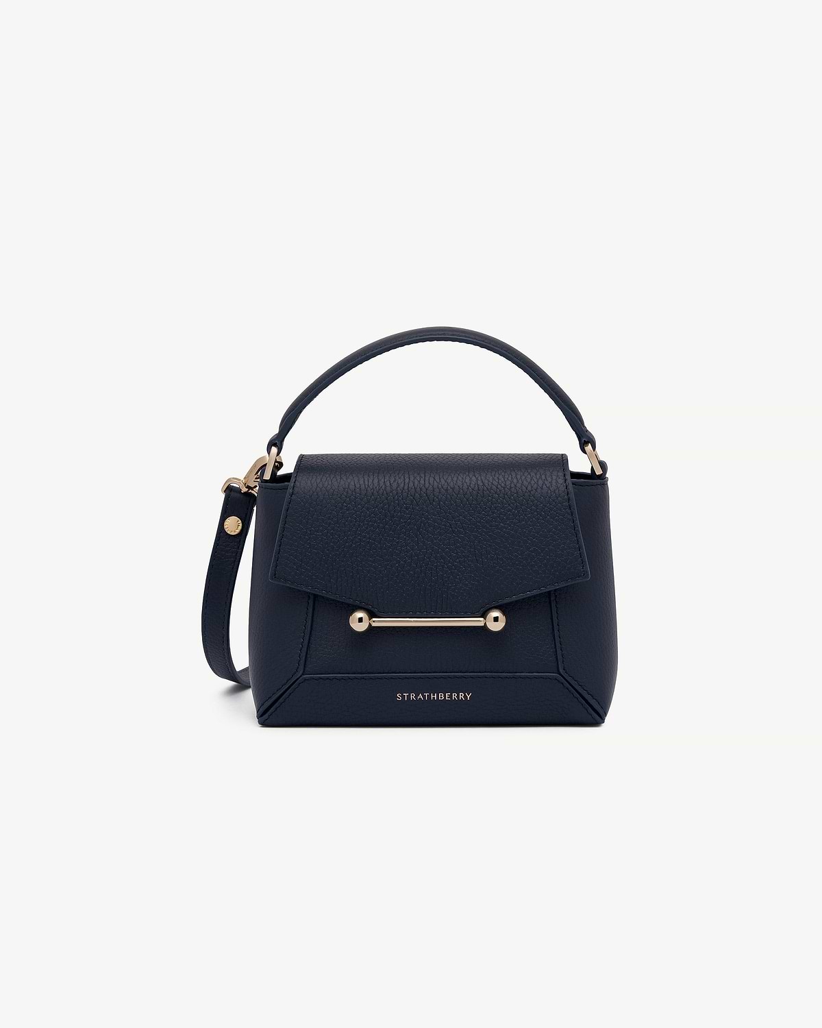 Navy Mosaic Nano top-handle bag with gold bar hardware and Strathberry logo