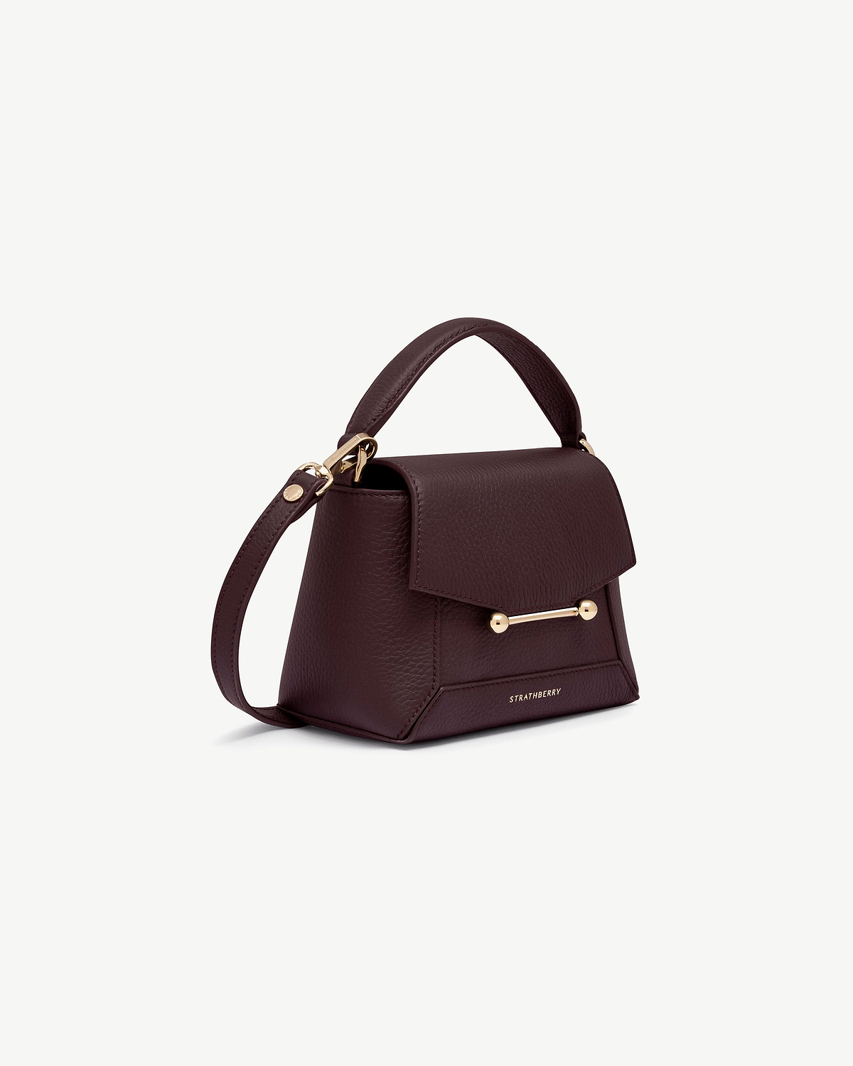 Burgundy Strathberry Mosaic Nano top-handle bag with gold bar hardware and strap