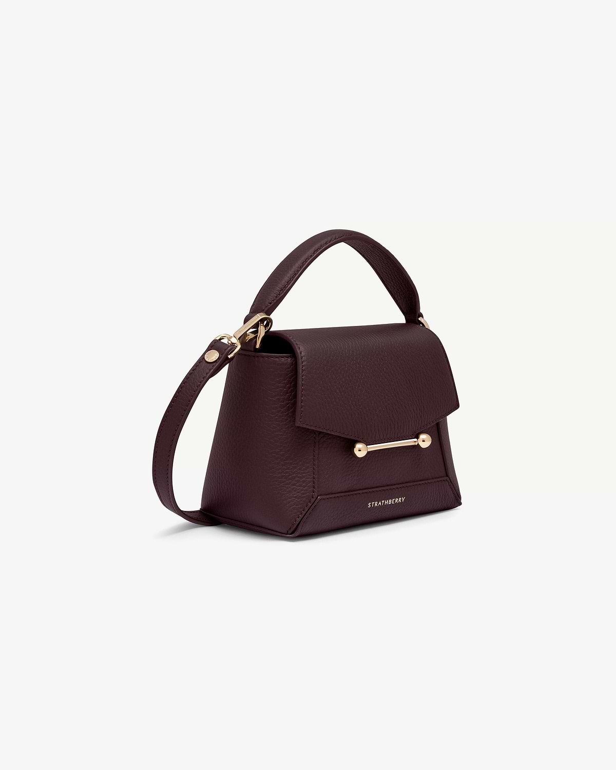 Burgundy Strathberry Mosaic Nano top-handle bag with gold bar hardware and strap
