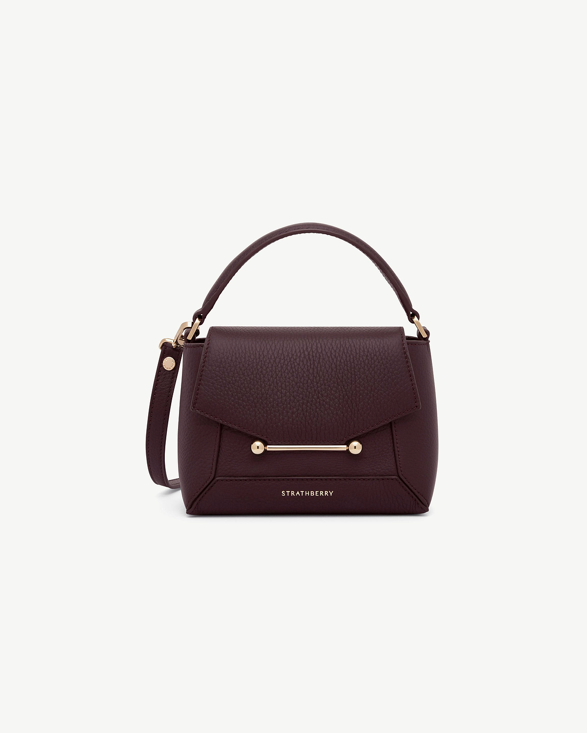 Burgundy Strathberry Mosaic Nano bag with top handle and gold bar detail.
