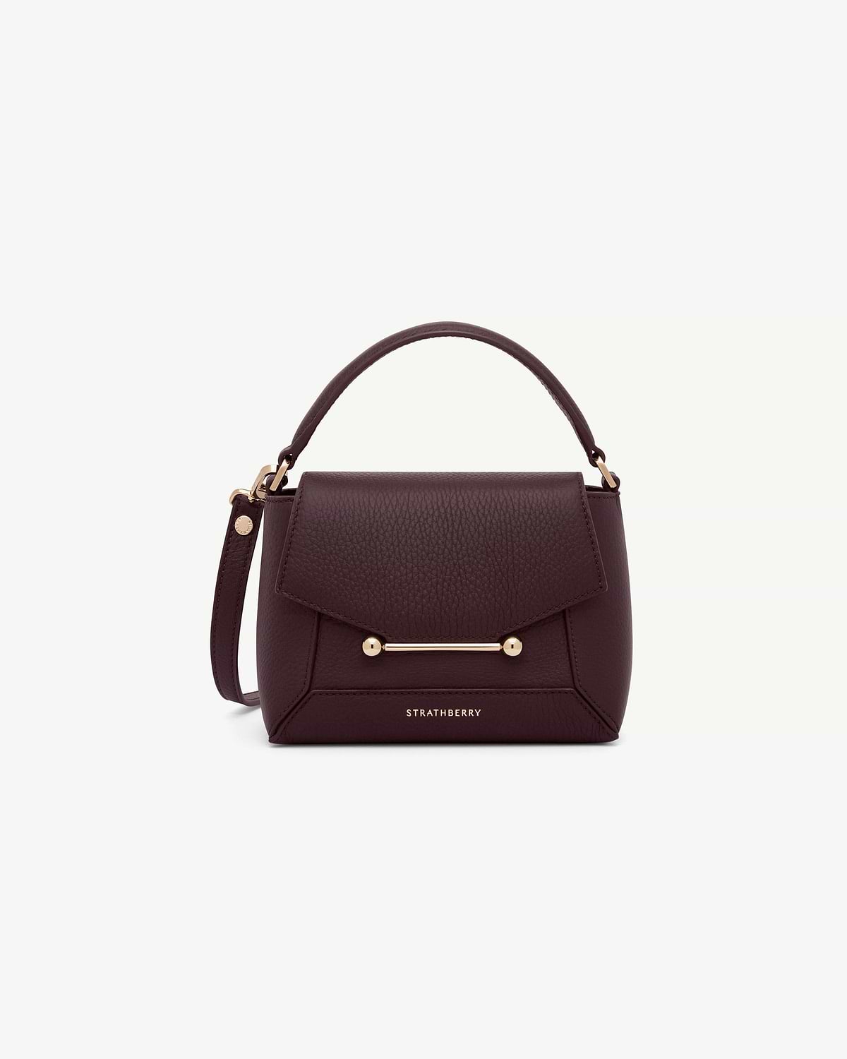Burgundy Strathberry Mosaic Nano bag with top handle and gold bar detail.
