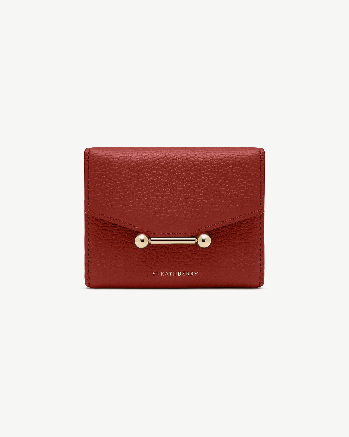 Strathberry Mosaic trifold wallet in Levanto red with gold bar clasp.