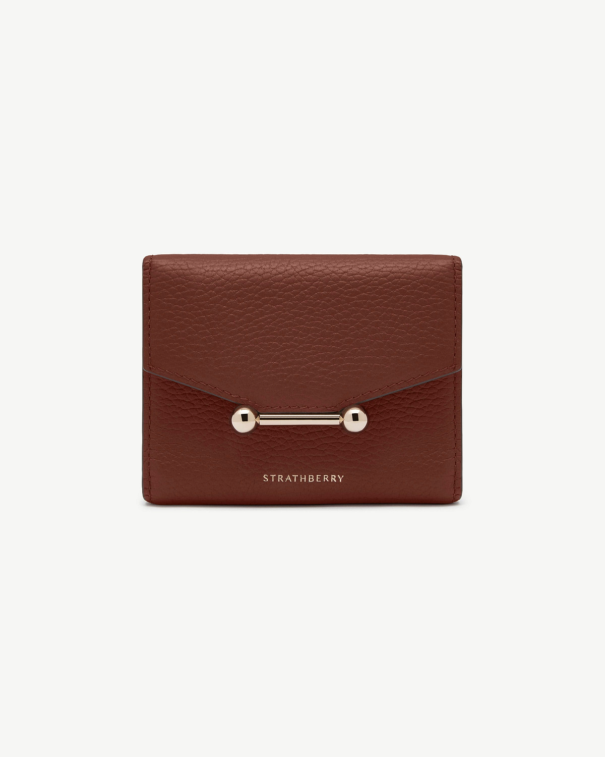 Walnut Mosaic trifold wallet with gold bar hardware and STRATHBERRY logo.