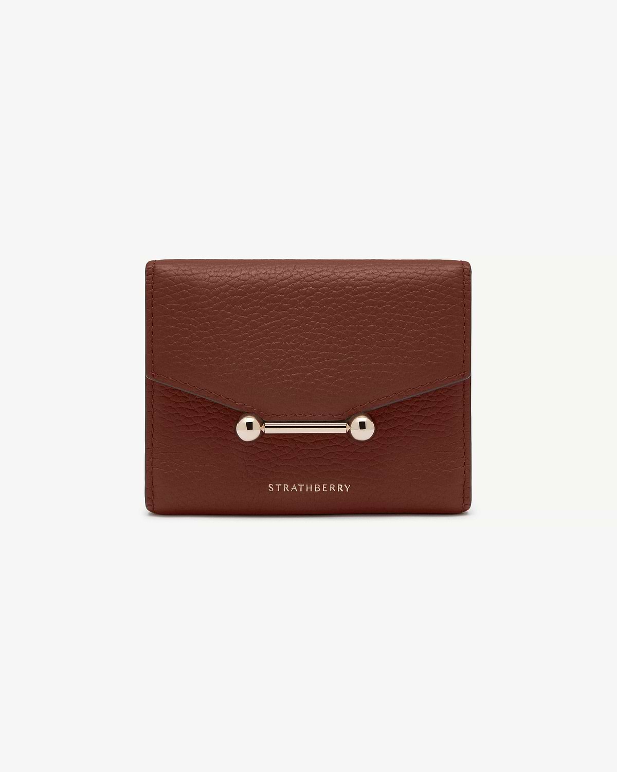 Walnut Mosaic trifold wallet with gold bar hardware and STRATHBERRY logo.