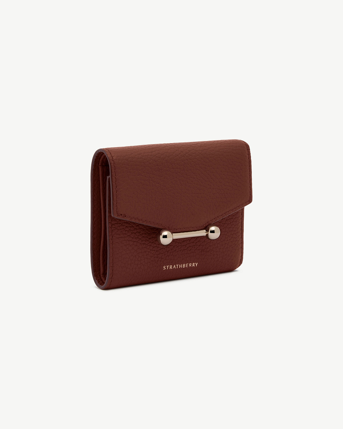 Strathberry mosaic trifold wallet in walnut leather with metal bar fastening