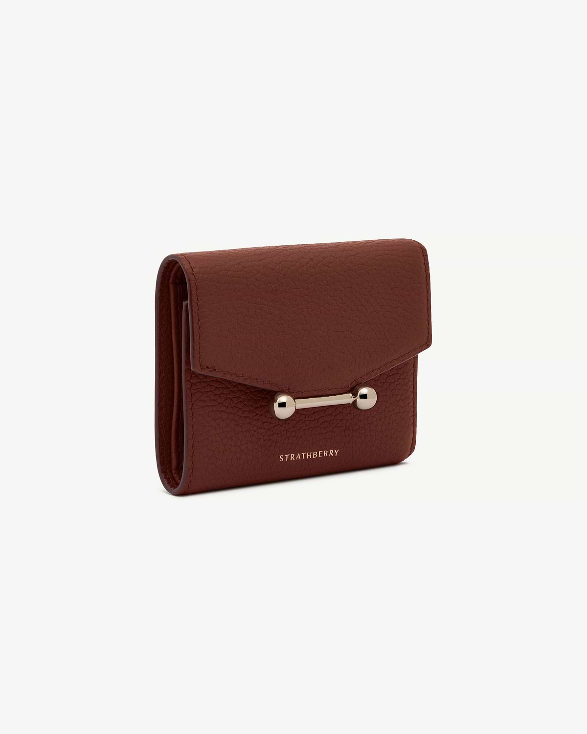 Strathberry mosaic trifold wallet in walnut leather with metal bar fastening