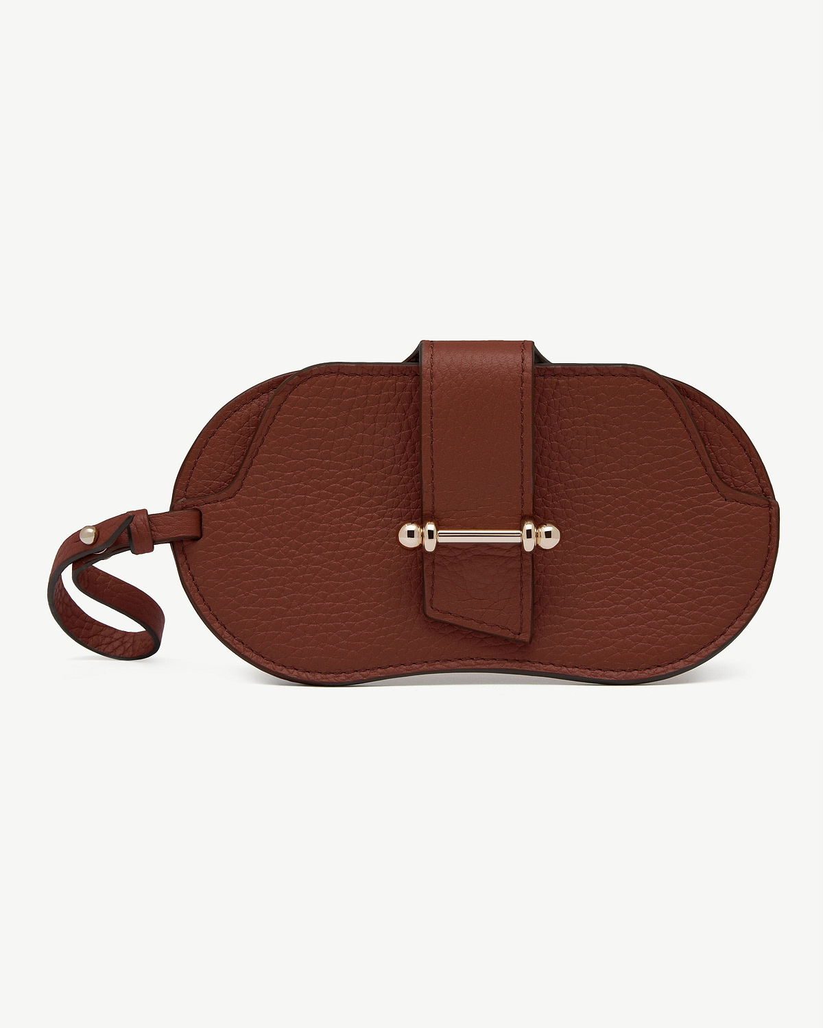 Walnut pebbled leather sunglasses case with strap and gold bar fastener.