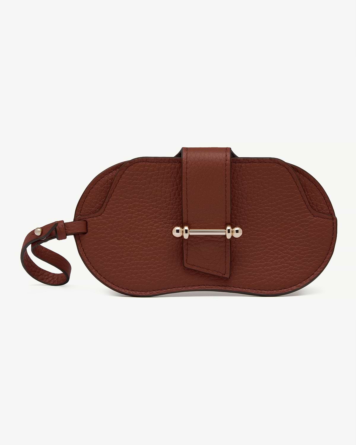 Walnut pebbled leather sunglasses case with strap and gold bar fastener.