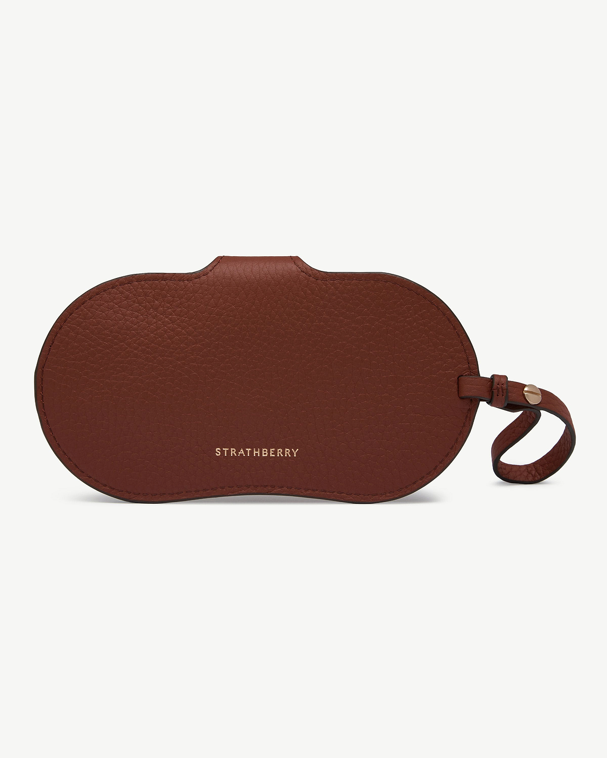 Strathberry walnut Multrees sunglasses case with strap and gold logo