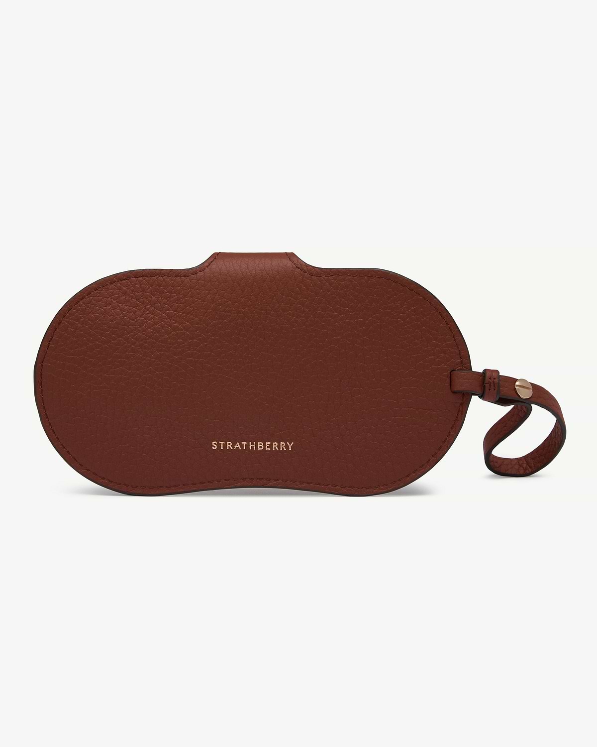 Strathberry walnut Multrees sunglasses case with strap and gold logo