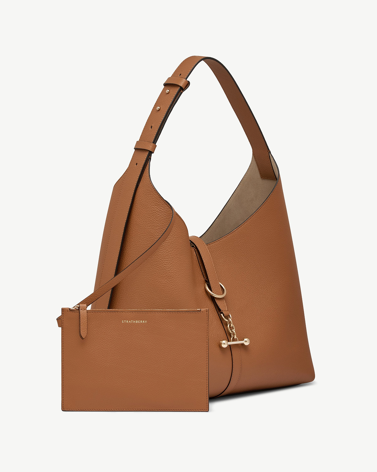Tan Kite Hobo Maxi bag with detachable Strathberry pouch and gold fittings.