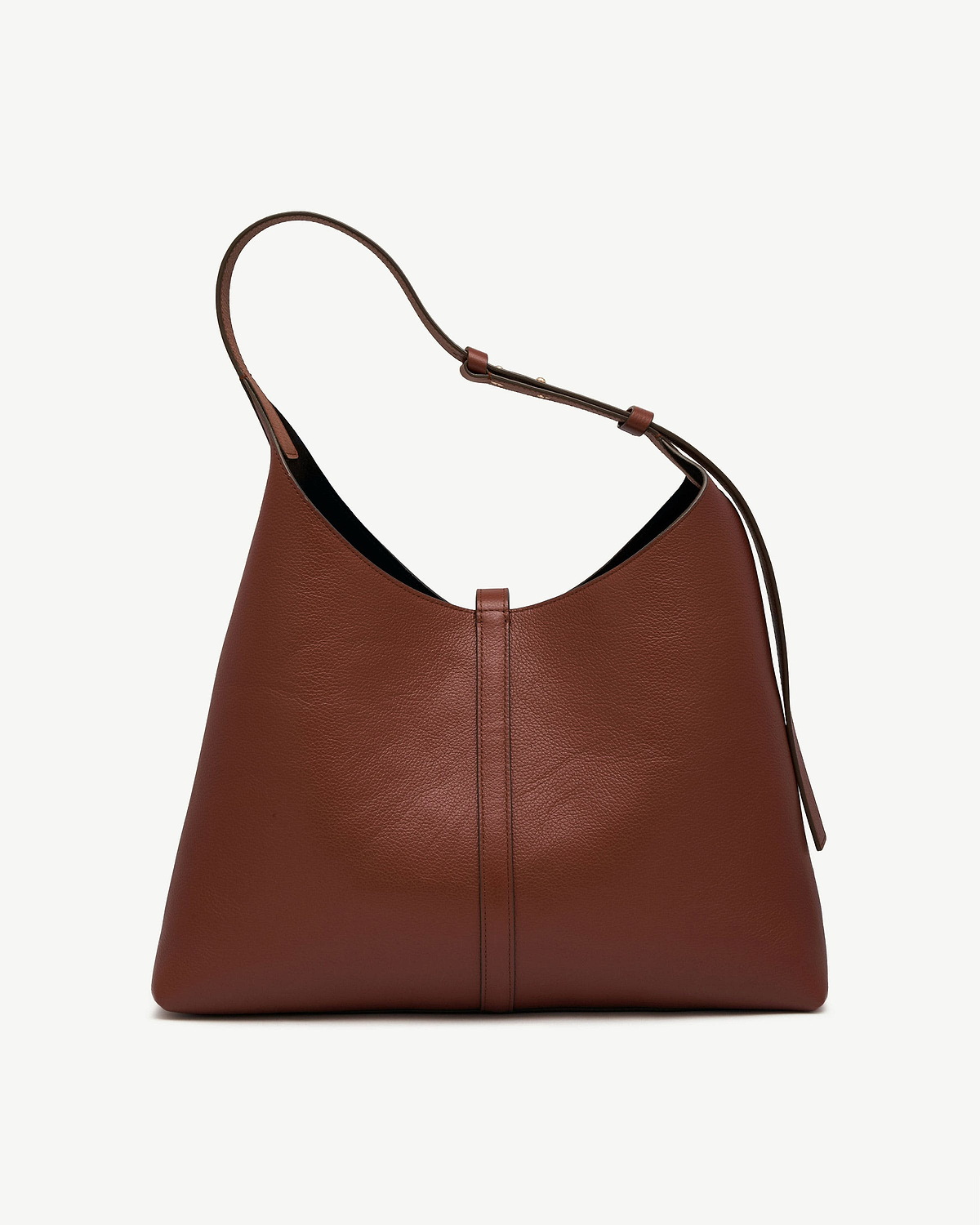 Walnut leather hobo bag with single shoulder strap and centre seam