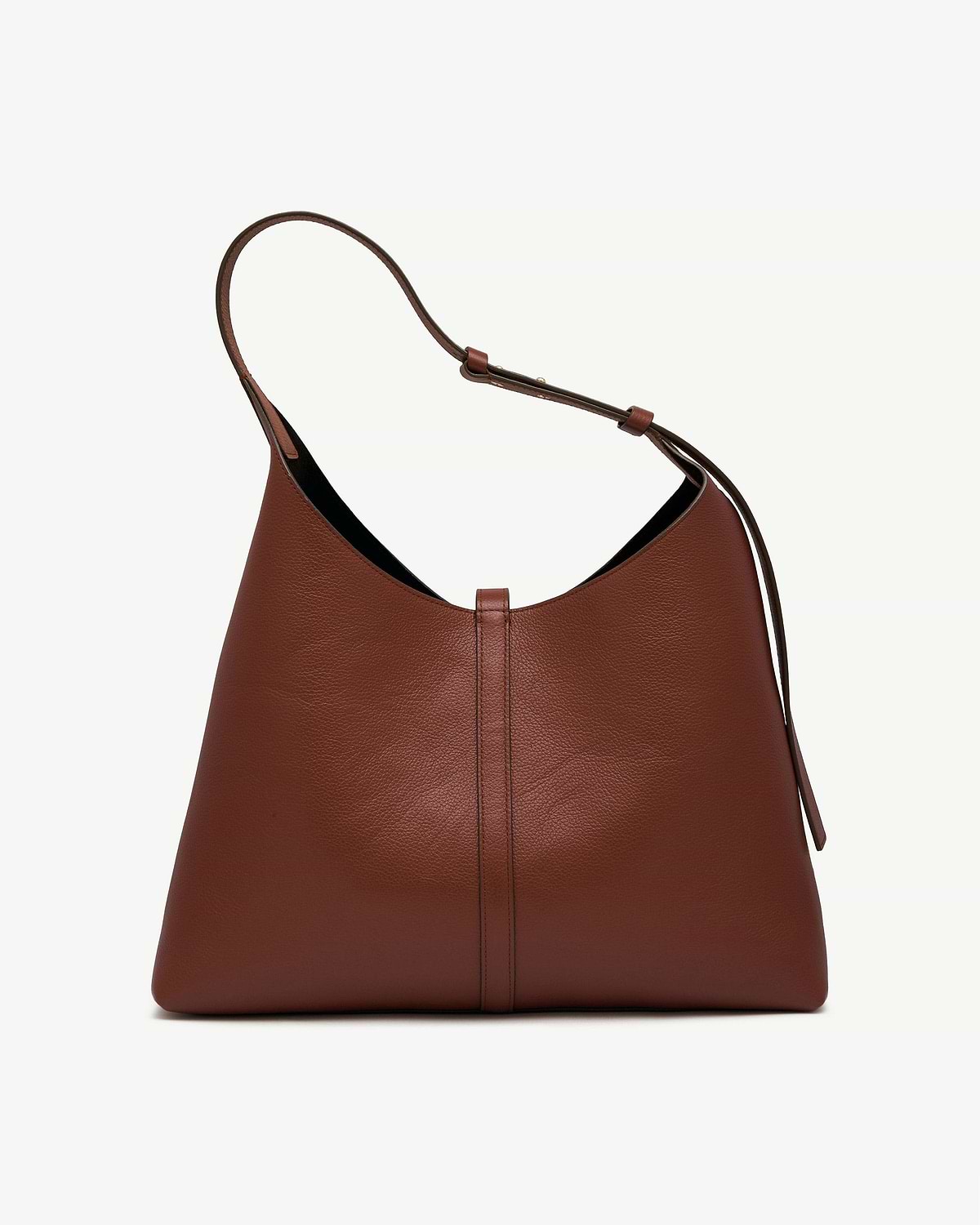 Walnut leather hobo bag with single shoulder strap and centre seam