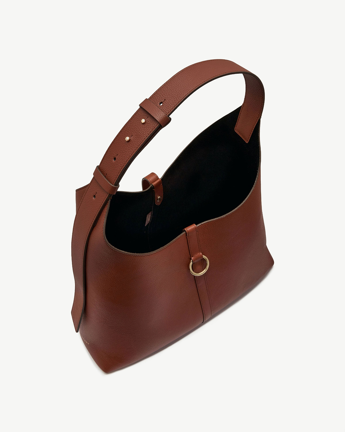 Walnut leather hobo bag with wide adjustable strap and gold ring detail.