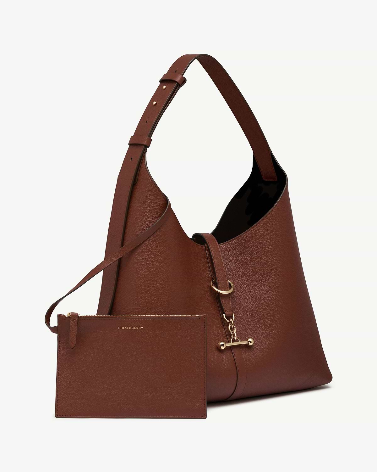 Walnut leather hobo bag with matching pouch, gold hardware, Strathberry logo.
