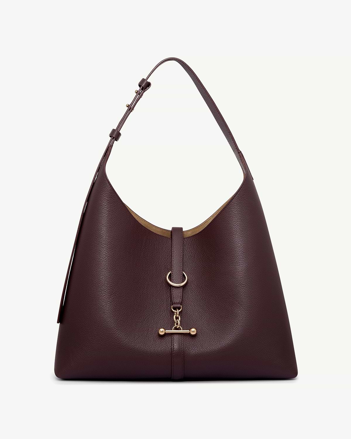 Burgundy leather hobo bag with single shoulder strap and gold-tone hardware