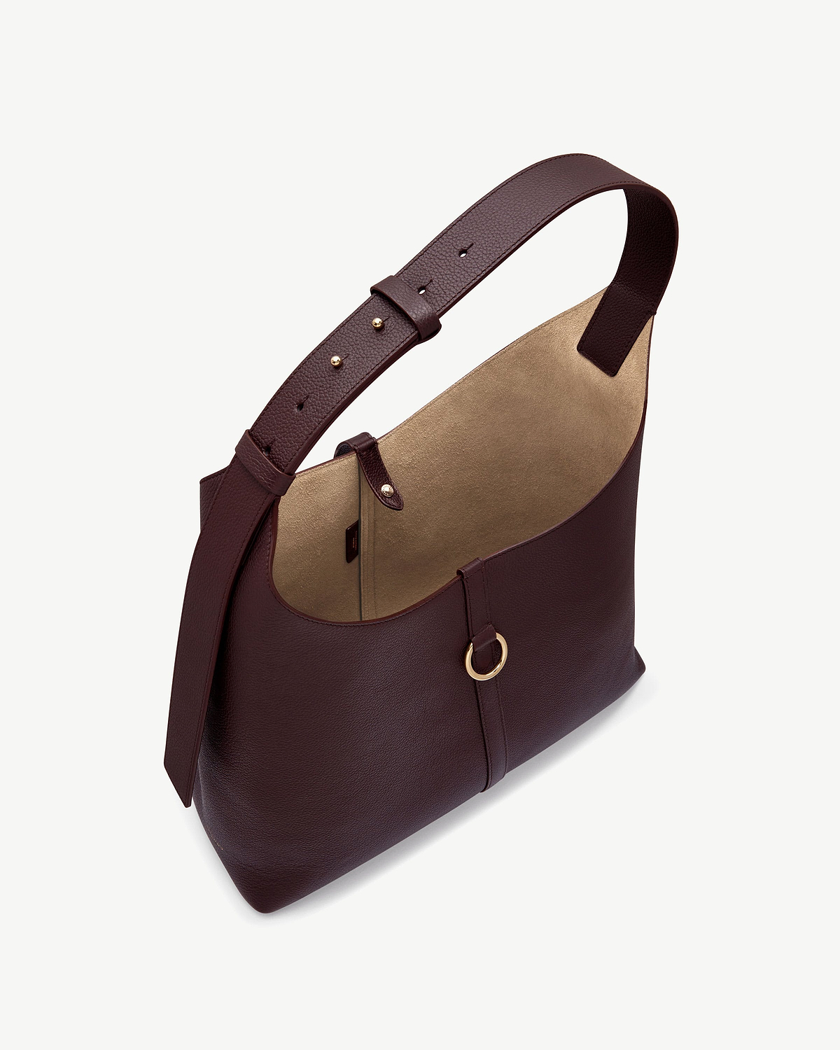 Burgundy leather hobo bag with gold interior, adjustable shoulder strap and metal ring.