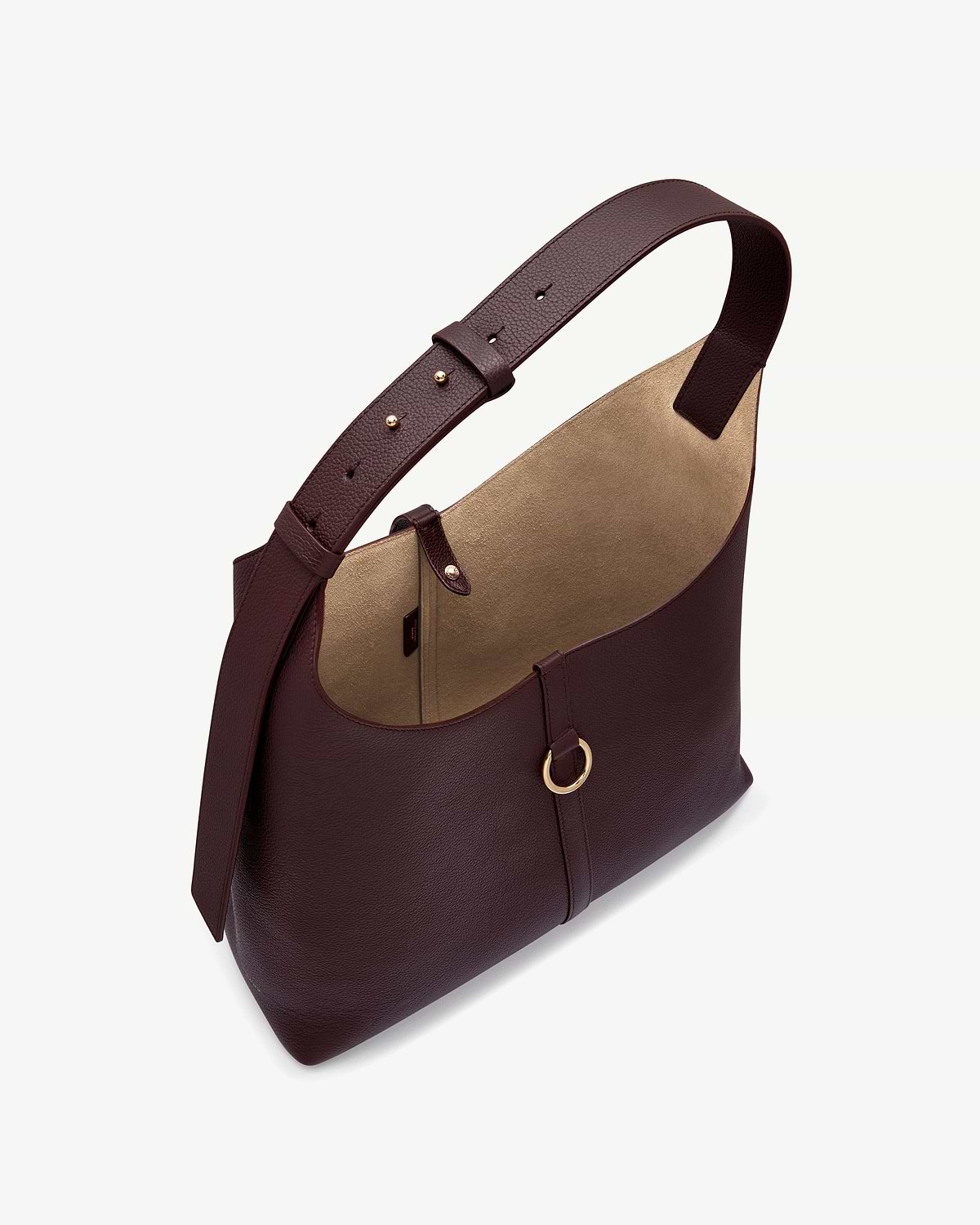 Burgundy leather hobo bag with gold interior, adjustable shoulder strap and metal ring.